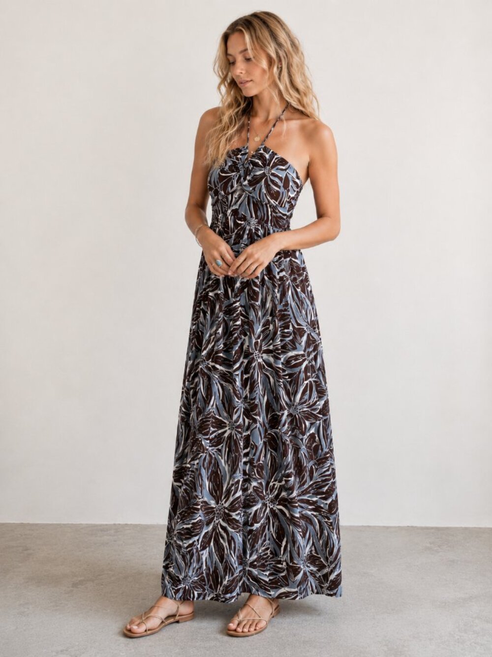 ANTHROPOLOGIE Z Supply Lanie Zinn Floral Halter Maxi Dress Chocolate Cherry Sz L